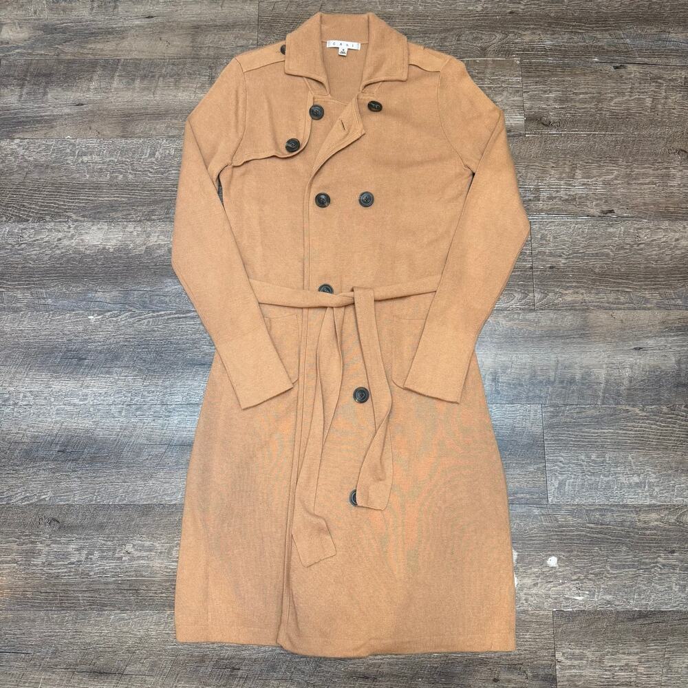 CABI Camel Tan French Sweater Trench Coatigan Belted Double Breasted Small S